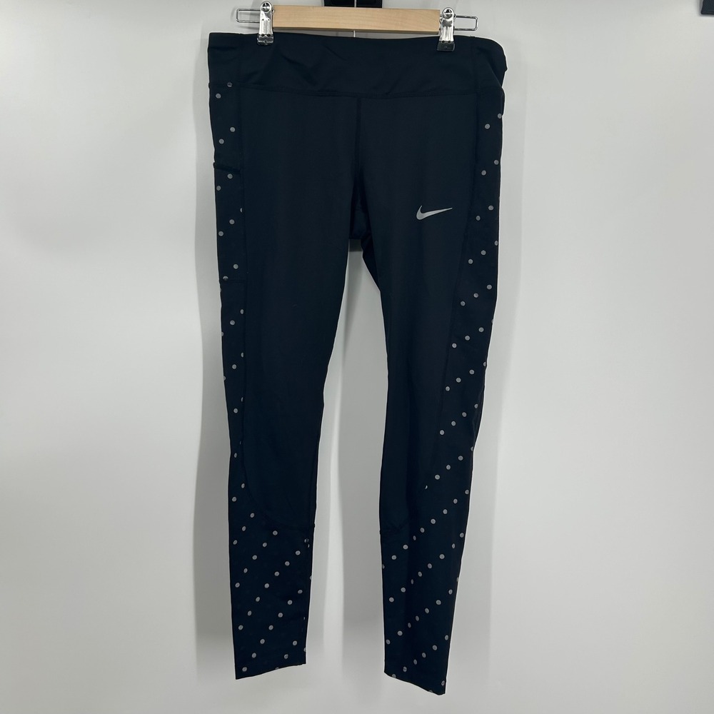 Nike Womens Epic Lux Running Leggings L Black Reflective Polka Dot Pockets 0825